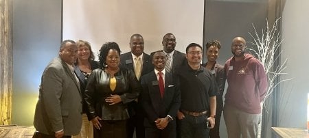 From left, Wayne Gersie, vice president for diversity and inclusion at Michigan Tech, with DEIS Alumni Advisory Board members Terre Lane, Doris Strong, Otha Thornton, Jaylyn Boone, Jimmie Cannon, PeiPei Zhao, and Monique Wells, with Alumni Board of Directors Liaison Arick Davis.