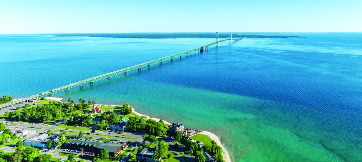 Aerial view of the Mackinac Bridge.