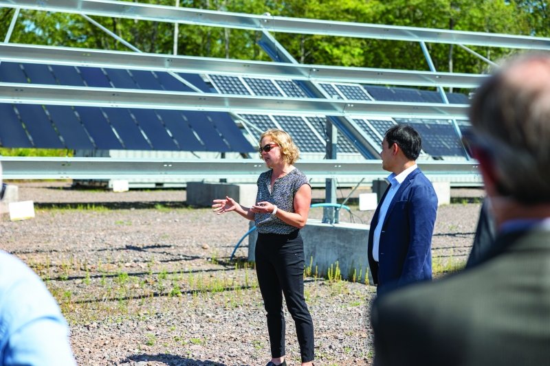 People standing near solar panels talking.