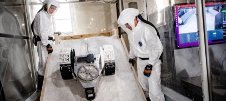 Two students testing the lunar rover in a thermal vacuum chamber.