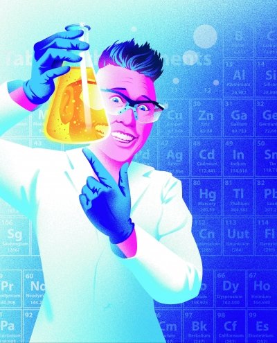 Drawing of Chemical Kim holding a beaker of yellow liquid with a periodic table background.