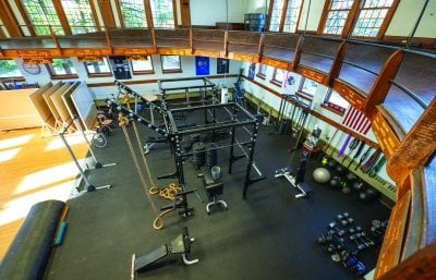 View of the ROTC gym from the oval track suspended above.