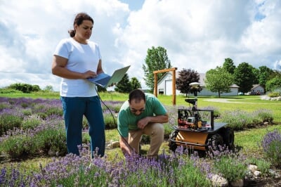 One researcher looks at a laptop while another inspects the lavender plants while the robot sits next to them.