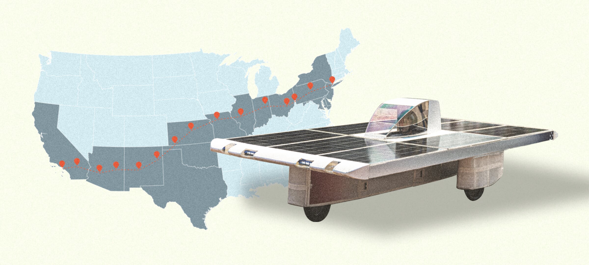 The solar car in front of a US map highlighting the route from New York to California.