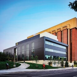 Exterior of the H-STEM Complex and Chemical Sciences and Engineering Building as seen from the road behind campus.