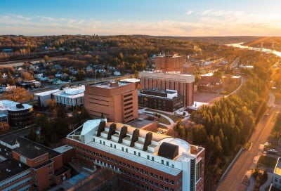 Aerial view of campus during a sunset.