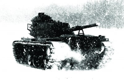 Scanned image of an M1 Abrams tank in the snow.