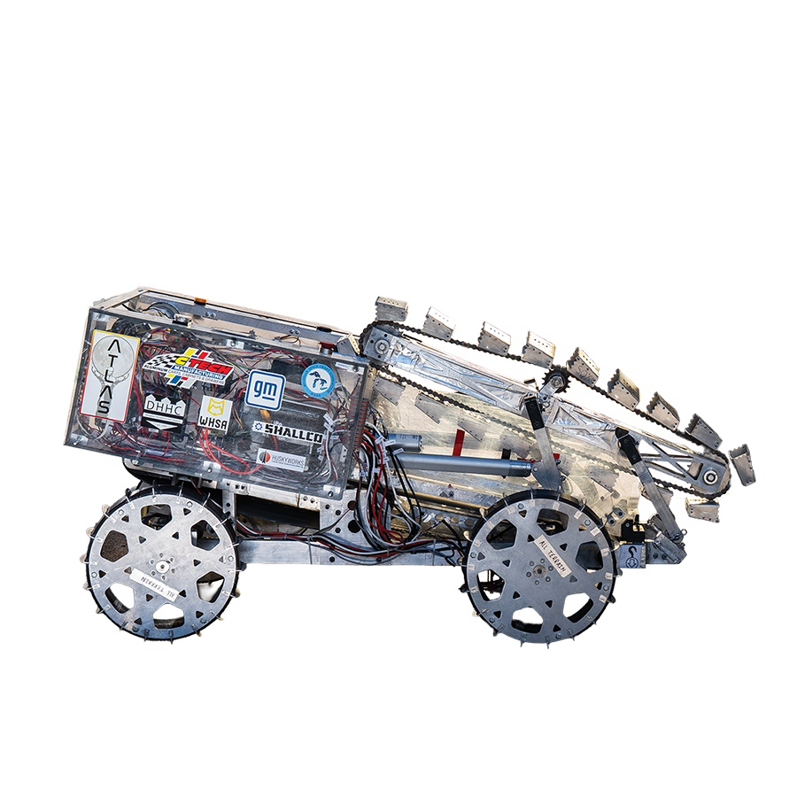 ATLAS Rover, a wedge-shaped rover on metal wheels with a thin rubber lining.