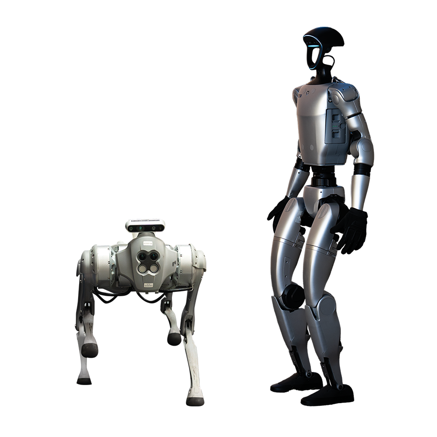 GoFish robot with four legs and several optical sensors on the front and Ecer, silver and black humanoid-looking robot.