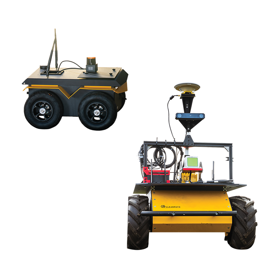 Husky the robot, a yellow base with large-treaded tires and equipment on top and Jackal, a rectangular black box on smooth tires with a couple pieces of equipment on top.