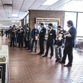 Students lined up in the hallway for Career Fair.