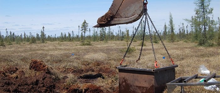 This is Meadowlands, Minnesota. And that's an excavator removing a 2,000 lb. block of peat, water, and water-loving plants like sedges and shrubs.