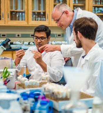 In the Lab Werner (right) shows a student in his lab that fruit flies do much more than come into the kitchen with bananas?their genetics offer insight into cancer-related genes and other human diseases.