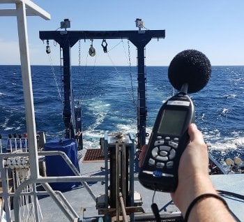 Measuring Pressure Barnard measures the sound pressure levels on the work deck of the Blue Heron. They range from 75 to 80 dBA.