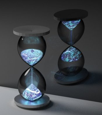 Hourglass with glowing sand reflected in a mirror.