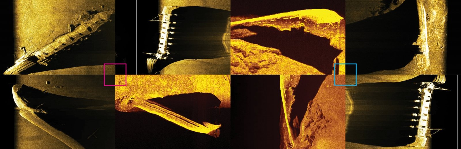 Black and gold colored sonar pictures of shipwreck ruins with shadows, squares, rectangles, sticks and irregularly shaped pieces of boats.