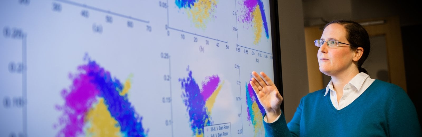 Researcher looking at a large screen of data.