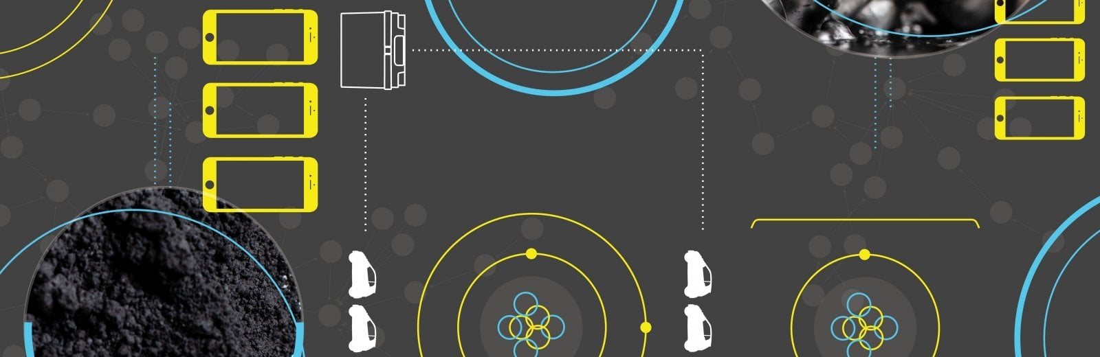 Battery materials: silver graphite bubbles and black lithium oxide powder.