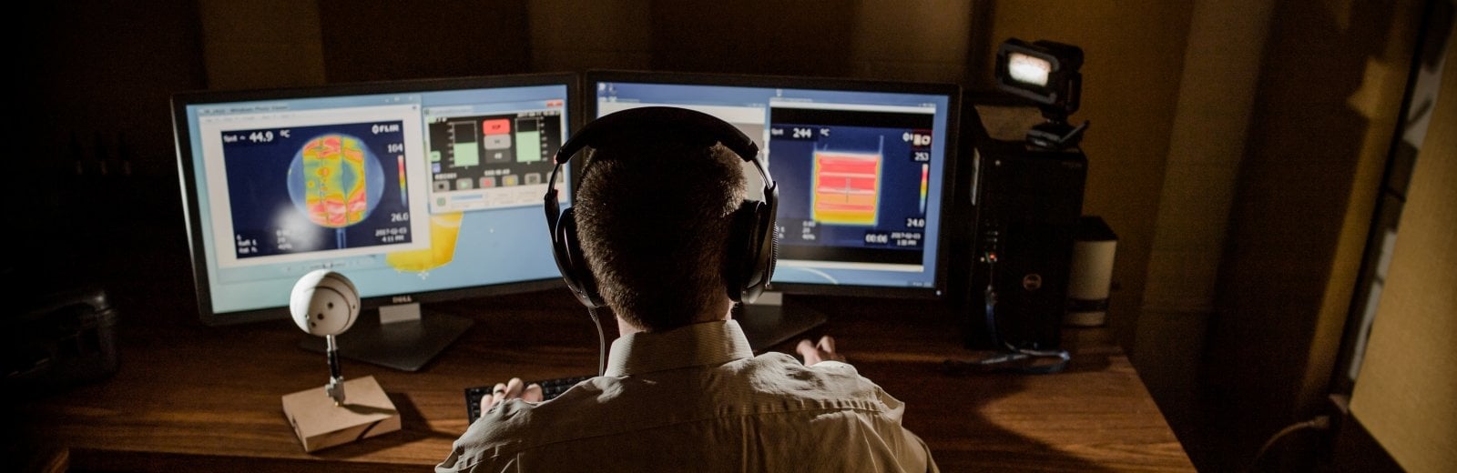 Person sitting at a computer with headphones on.