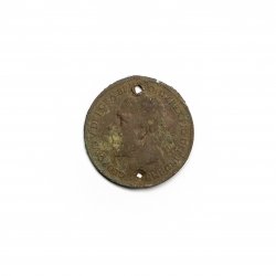 Old coin with a small hole on top and bottom.