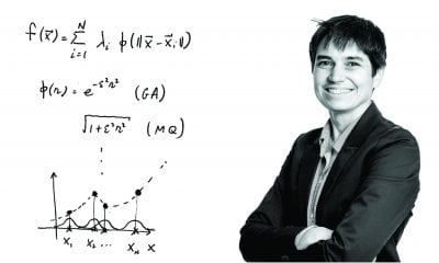 Cecile Piret next to handwritten math equations.