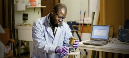 Advanced materials can still be organic in nature. Cross-laminated timber is a popular building material and Michigan Tech researchers like doctoral graduate Munkaila Musah â€™19 are experimenting with using hardwoods like maple.