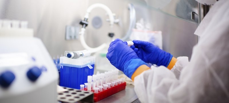 Gloved hands hold small vials in an enclosed lab hood. 