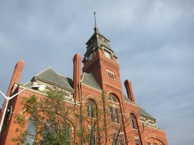 View of the brick buildings in the Pullman National Monument.