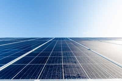 Looking up along a solar panel.