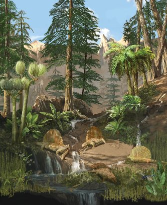 Dimetrodons Dimetrodons feed near a river in this Permian scene. Millions of years before the dinosaurs, they and most other forms of life were wiped out in the largest mass extinction in Earth's history. Illustration by Karen Carr