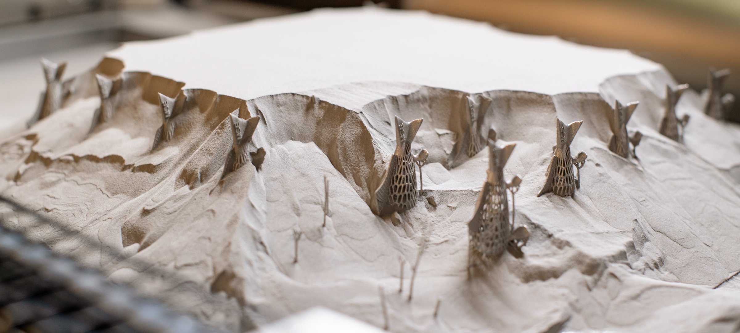 Metal 3-D printed fish coming out of the sand material.