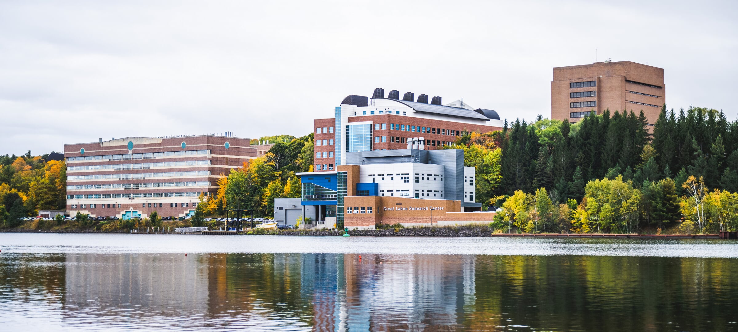 A view of the M&M, GLRC, and Dow building from the Portage Canal