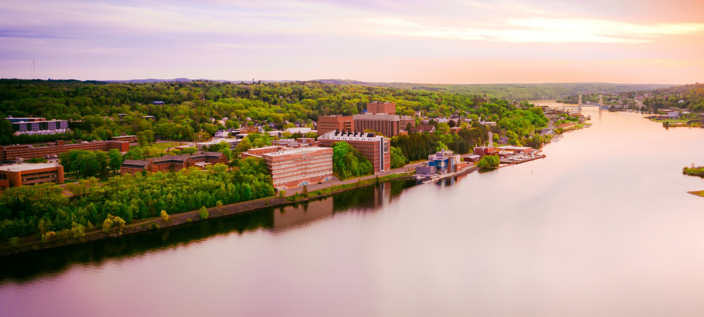 drone view of the MTU campus over the portage canal