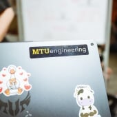 An electronic device with an "MTUengineeering sticker on the back of it"