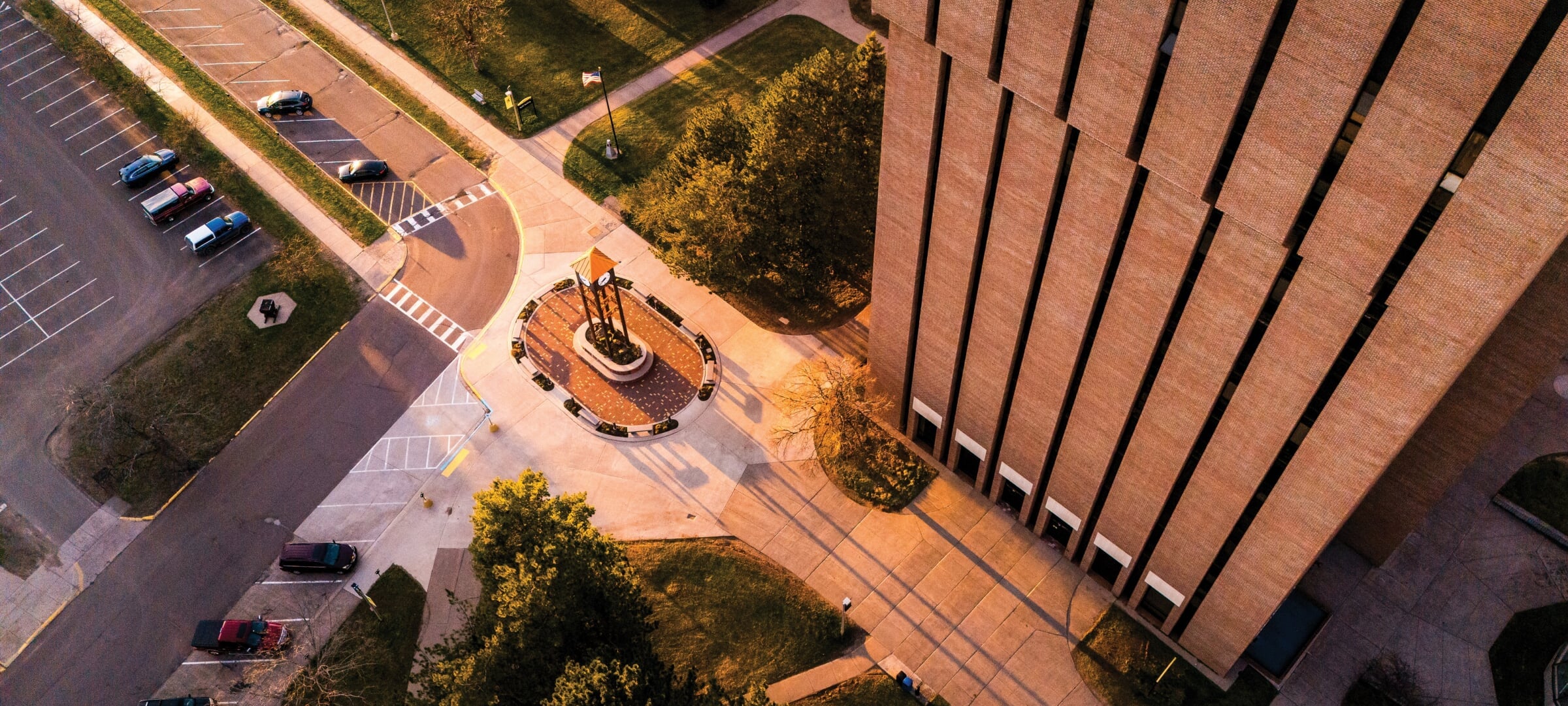 Aerial view looking down along the R. L. Smith Building at the clock tower.