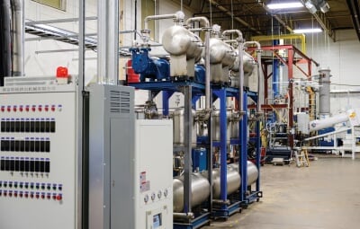 Equipment in a lab set up for the pilot scale process.