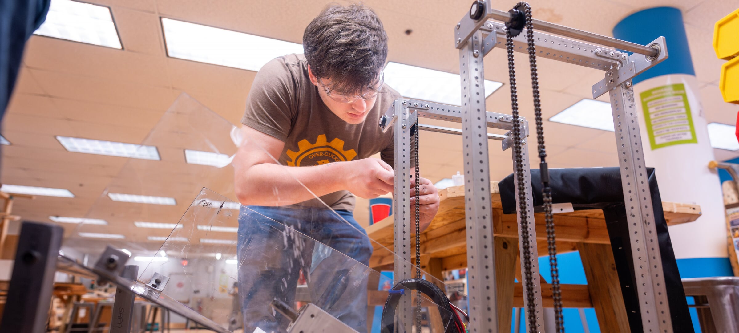 A student building a robot