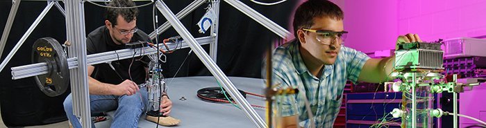 Two-photo collage of researchers adjusting systems