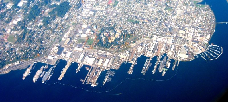 Naval Systems Engineering as an aerial view of a shipyard.