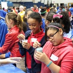 Students making foam gnomes.