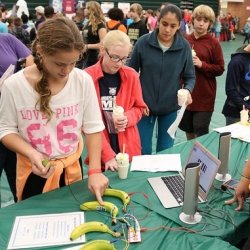 Students playing music with a laptop and bananas.