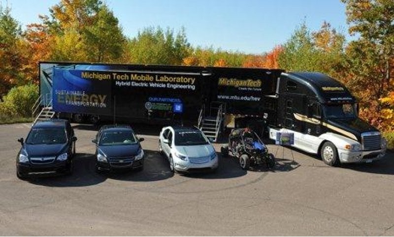 The Mobile Lab parked behind four hybrid vehicles.