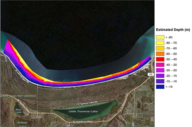 Map with colored ares noting depth.