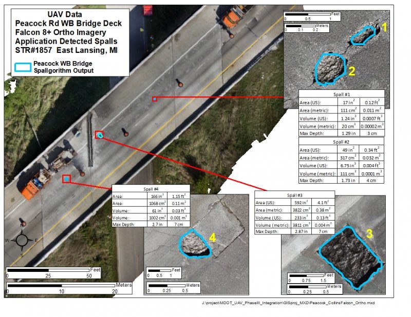 Aerial image of a bridge with various defects enlarged.