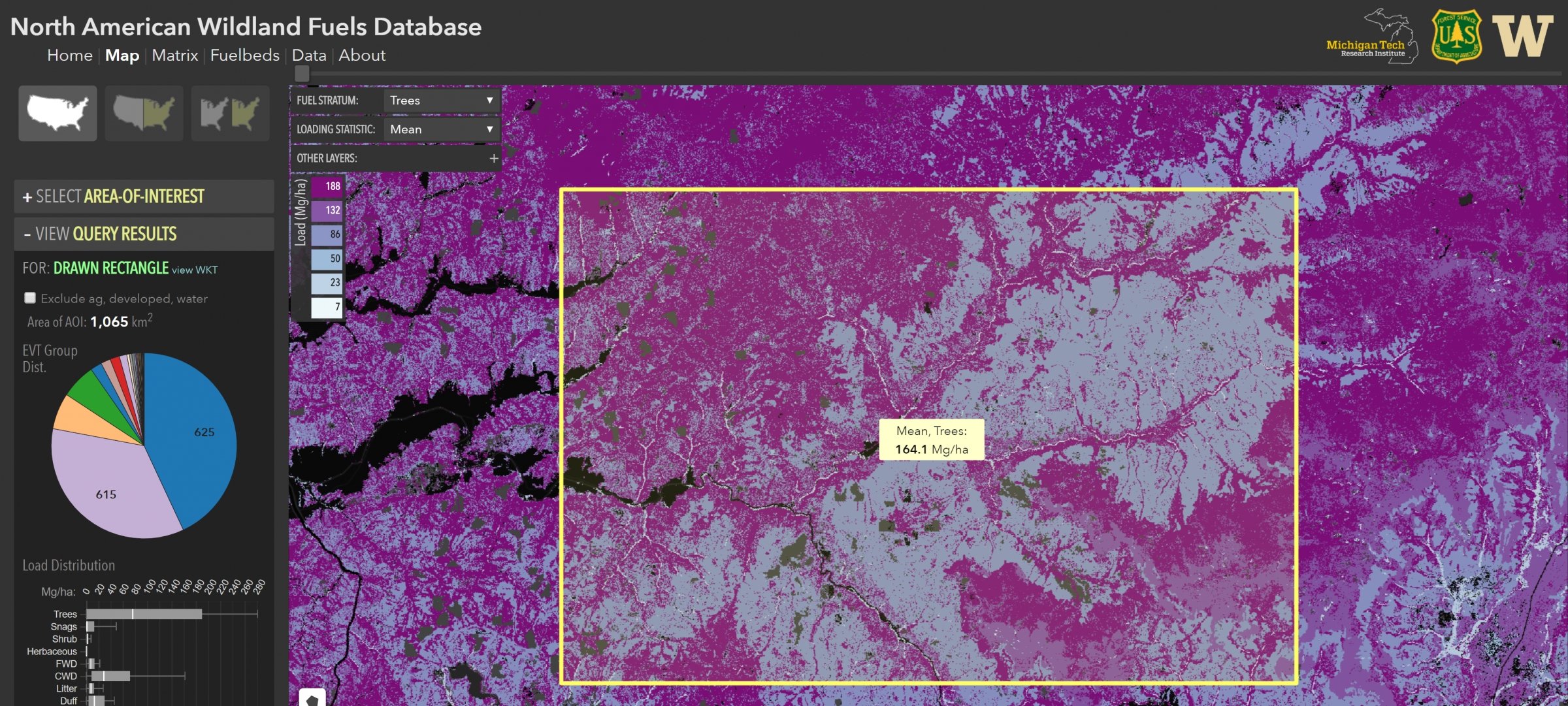 Map and statistical representations of north american wildland fuels on online decision support tool.