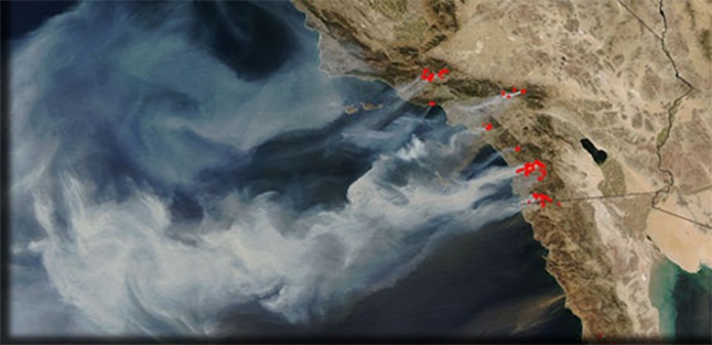Satellite image of smoke from wildfires.
