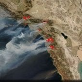 Satellite image of smoke over the Pacific Ocean.