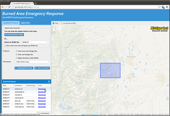 Screenshot from the erosion database.