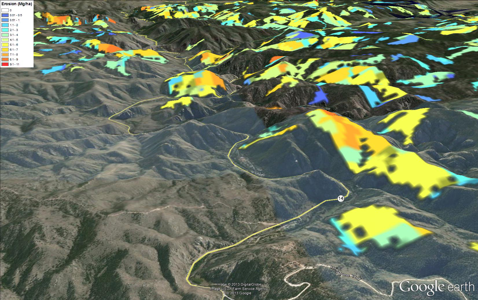 Topographical map with colored areas showing erosion potential.