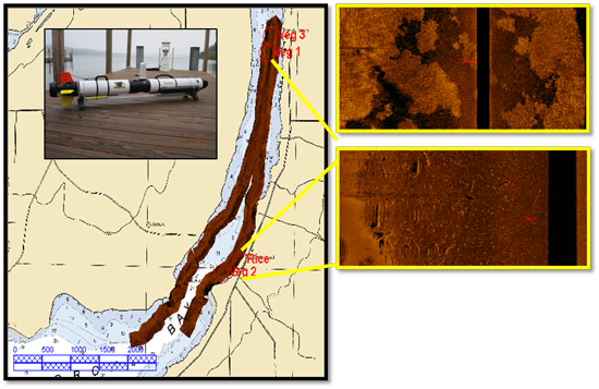 Map and sonar pictures from Torch Bay.